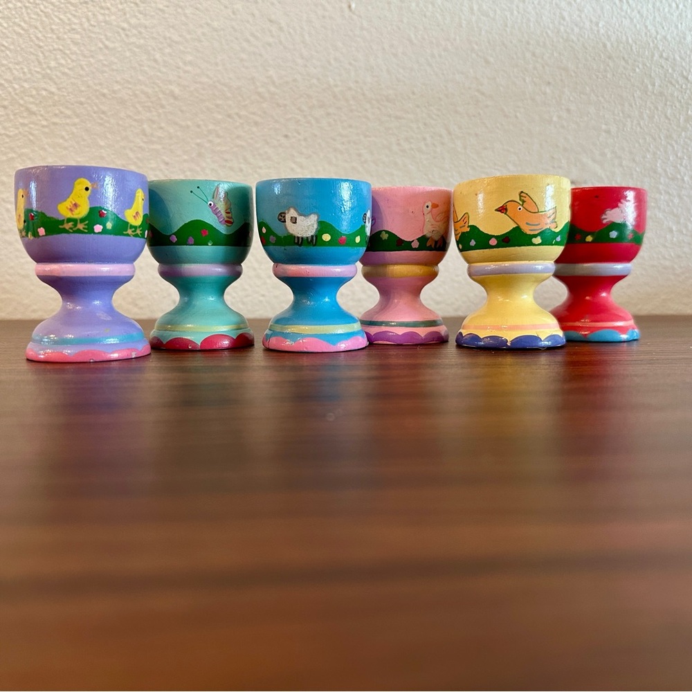 6 vintage hand painted wooden Easter Egg Holder cups candle table decor